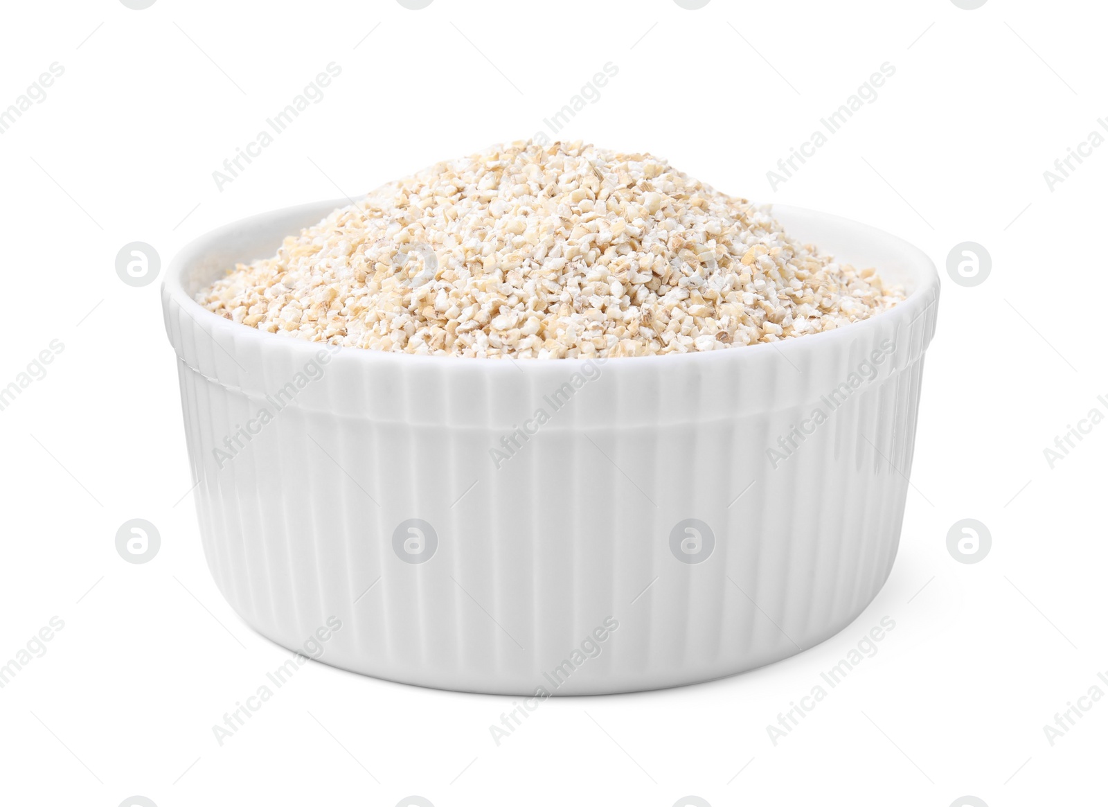 Photo of Dry barley groats in bowl isolated on white