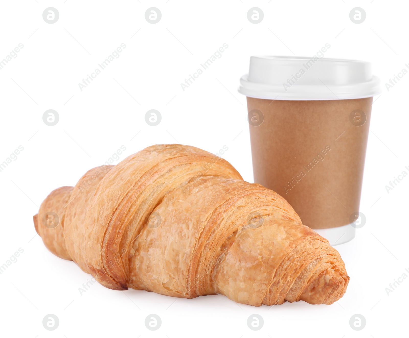 Photo of Fresh croissant and coffee on white background