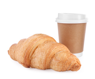 Fresh croissant and coffee on white background