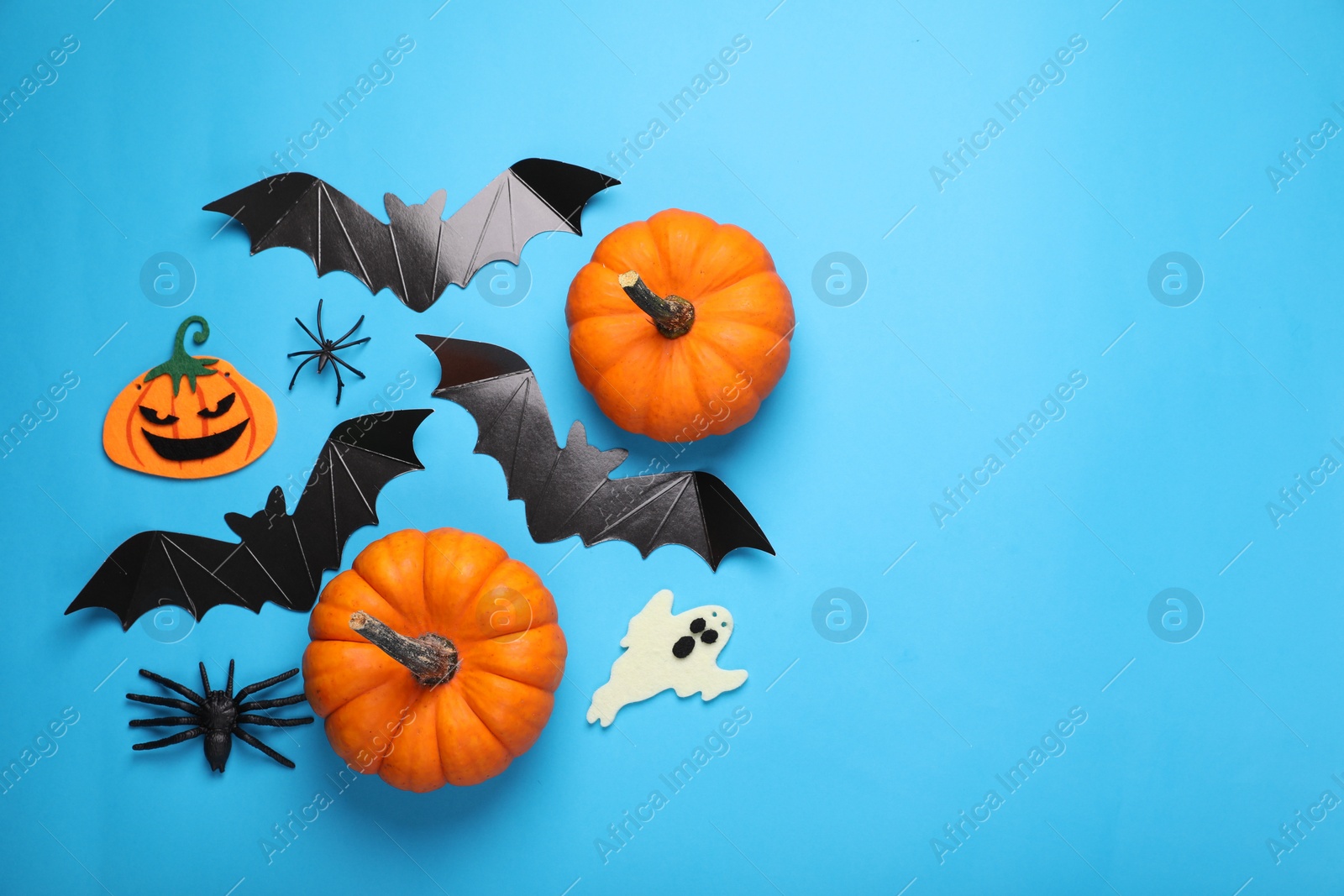 Photo of Flat lay composition with cardboard bats, pumpkins, ghost and spiders on light blue background, space for text. Halloween celebration