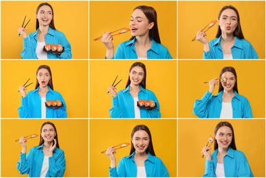 Image of Collage with photos of young woman eating tasty sushi and rolls on yellow background