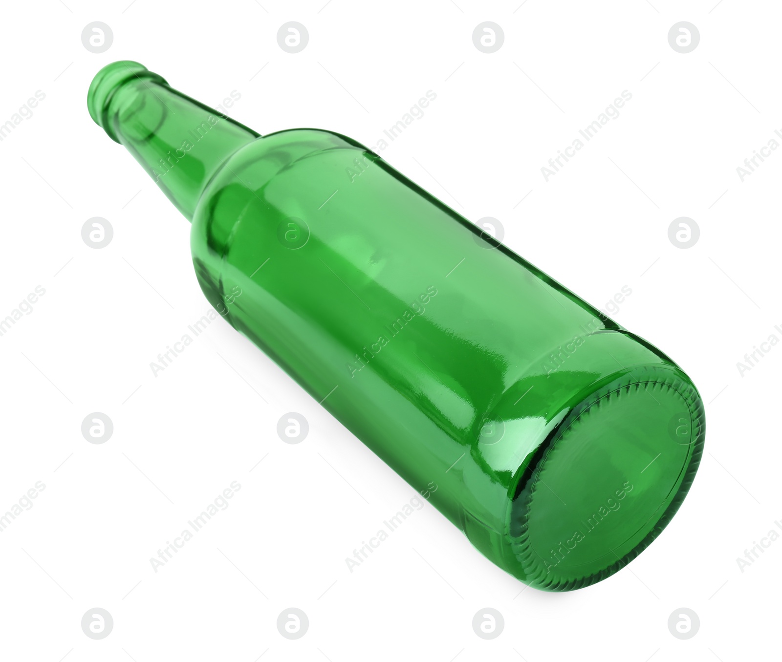 Photo of One empty green beer bottle isolated on white