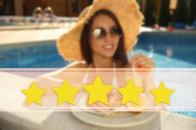 Image of Blurred view of woman resting at five star hotel
