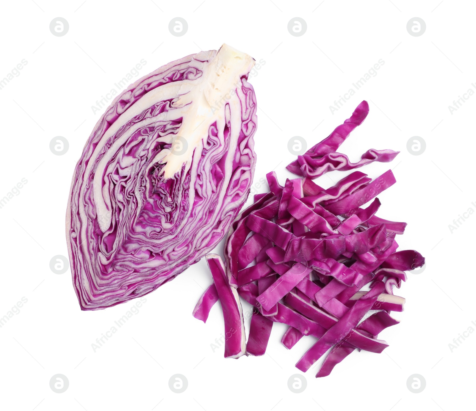 Photo of Fresh red cabbage on white background, top view