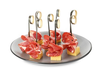 Photo of Tasty canapes with cheese and ham isolated on white