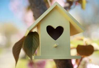 Yellow bird house with heart shaped hole hanging on tree branch outdoors