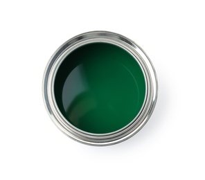 Open paint can on white background, top view