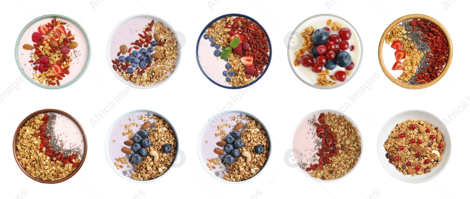 Image of Set of different granola breakfasts with berries on white background, top view. Banner design