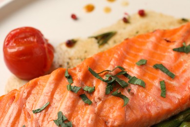 Photo of Tasty grilled salmon with tomato and spices on plate, closeup