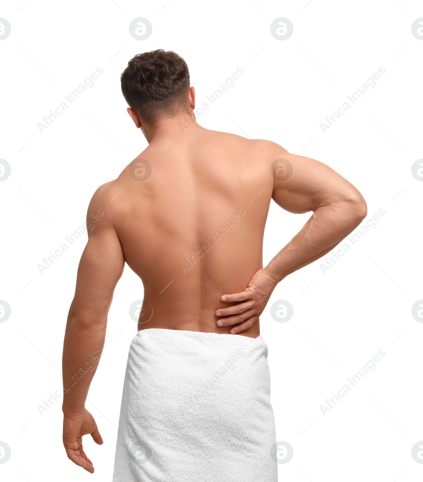 Photo of Man suffering from back pain on white background, back view