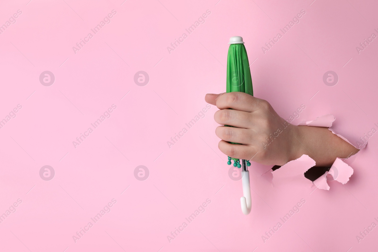 Photo of Woman holding closed small green umbrella through hole in light pink paper, closeup. Space for text