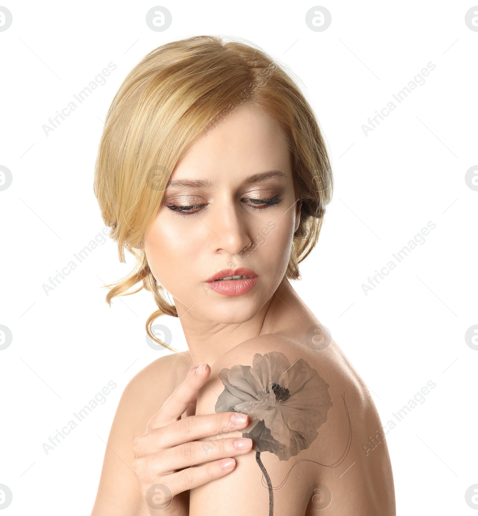 Image of Young woman with beautiful flower tattoo on white background, side view