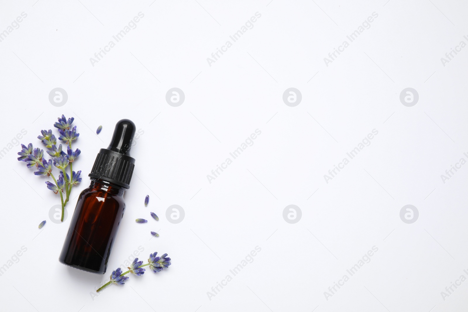 Photo of Composition with lavender flowers and natural essential oil on white background, top view
