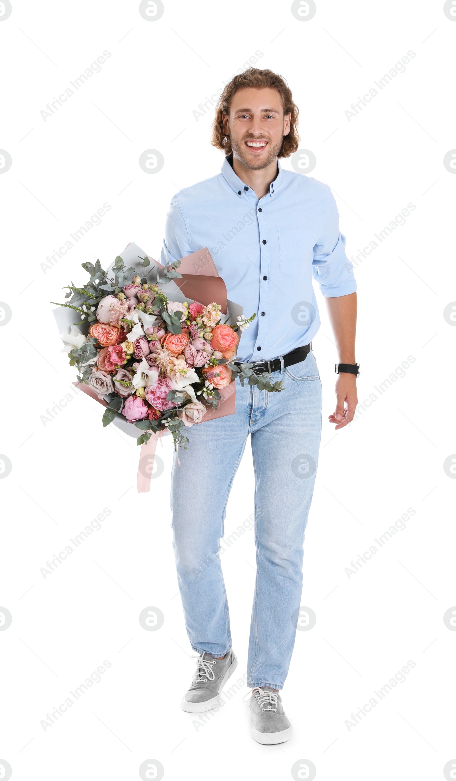 Photo of Young handsome man with beautiful flower bouquet on white background