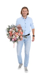 Photo of Young handsome man with beautiful flower bouquet on white background