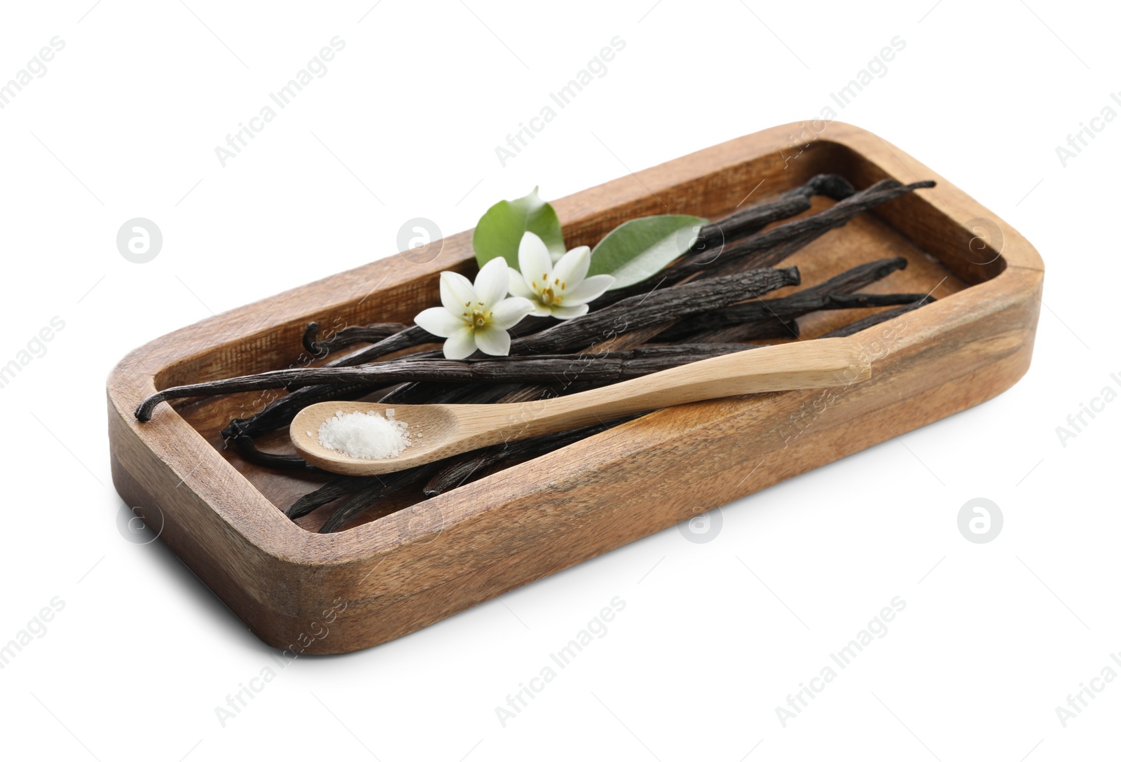 Photo of Vanilla pods, green leaves, spoon with sugar and flowers isolated on white