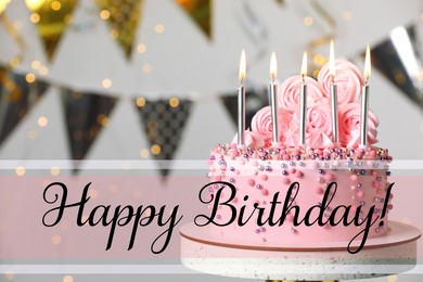 Image of Happy Birthday! Delicious cake with burning candles on stand