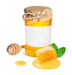 Image of Sweet honey in glass jar with blank label, wooden honey dipper and piece of honeycomb on white background. Mockup for design