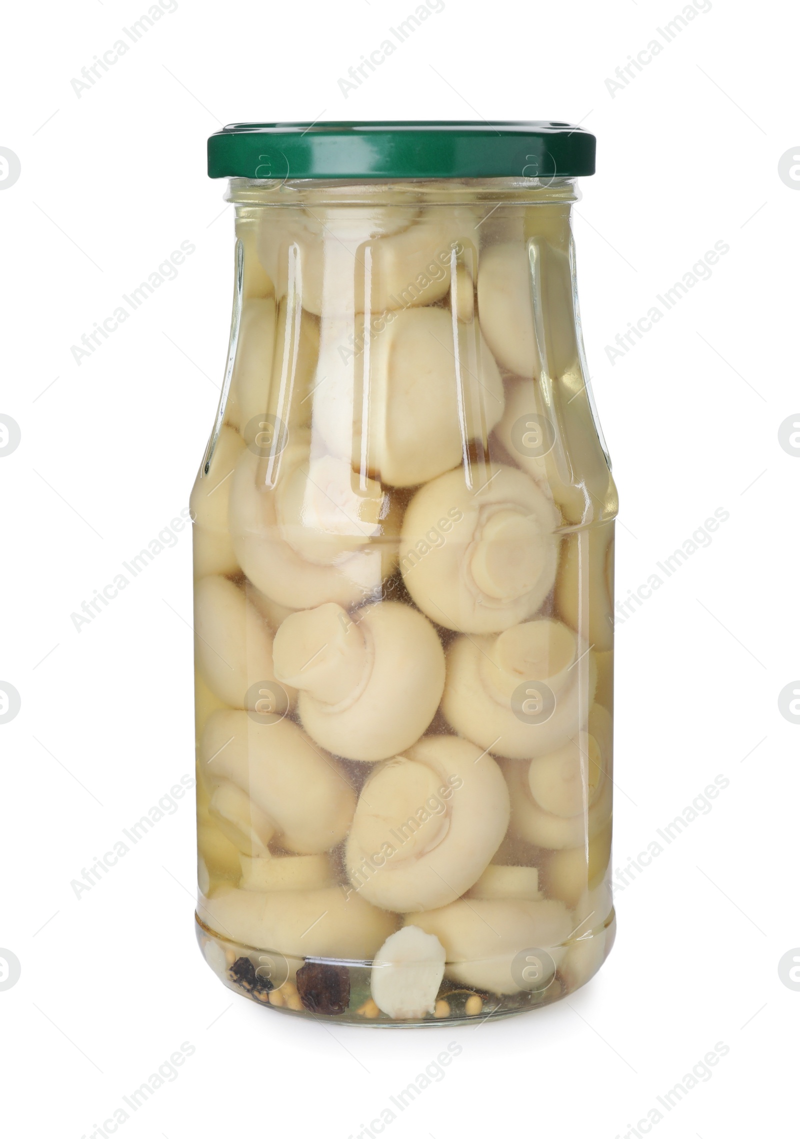 Photo of Jar with marinated mushrooms isolated on white