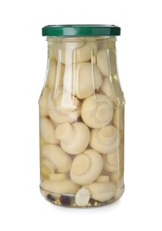 Photo of Jar with marinated mushrooms isolated on white