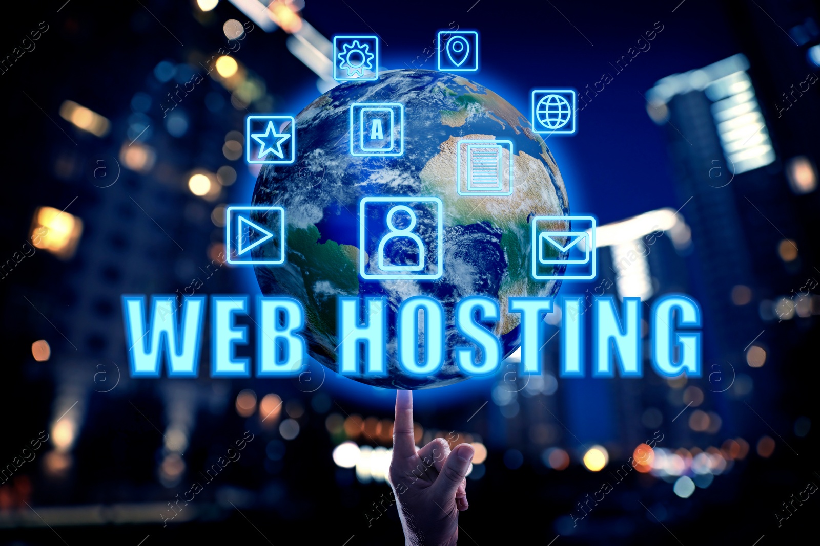 Image of Web hosting. Man touching globe with icons against blurred cityscape, closeup