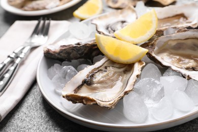 Photo of Fresh oysters with lemon and ice on grey table, closeup