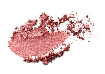 Photo of Crushed eye shadow on white background, top view. Professional makeup product