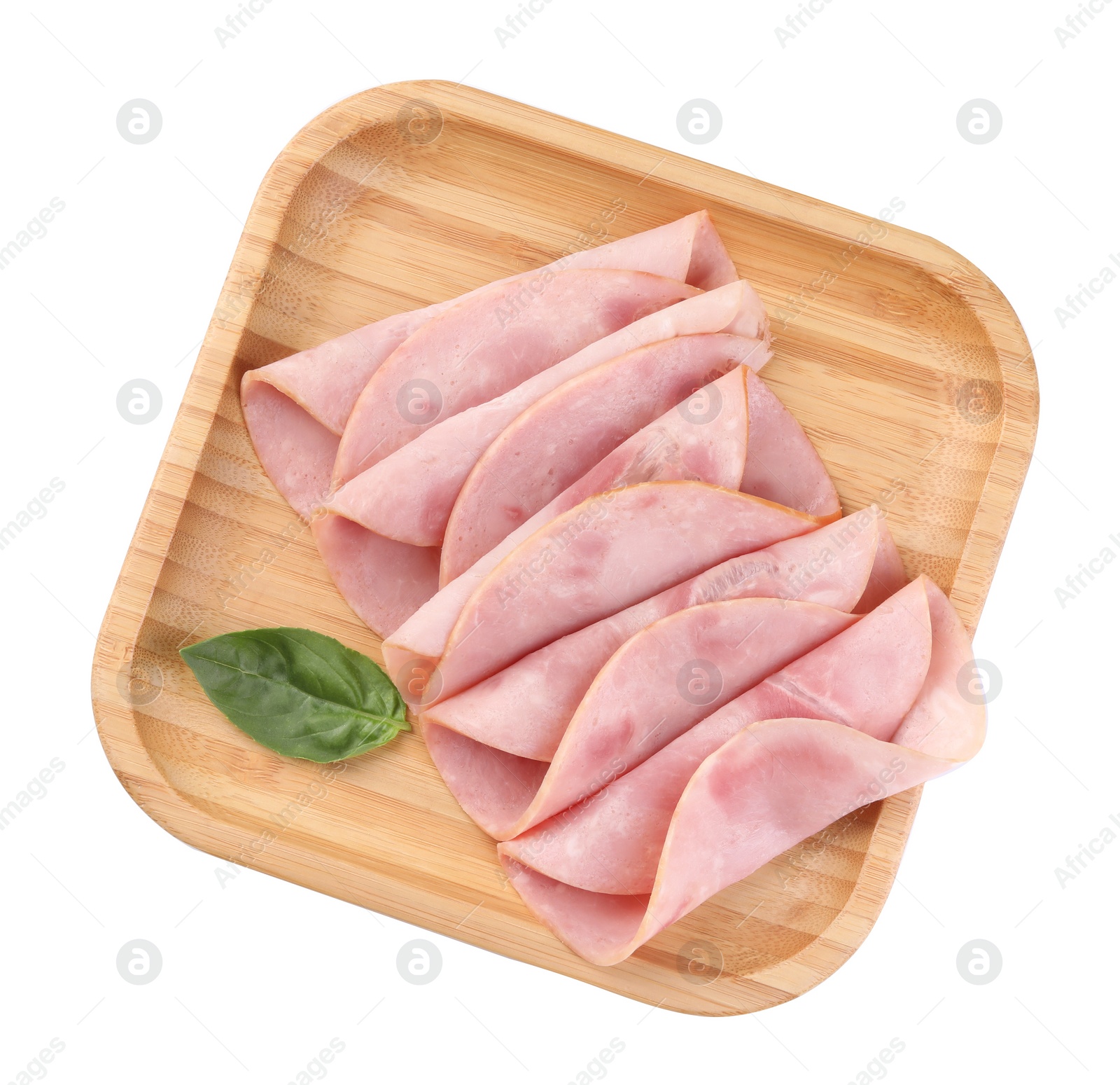 Photo of Slices of tasty ham and basil isolated on white, top view