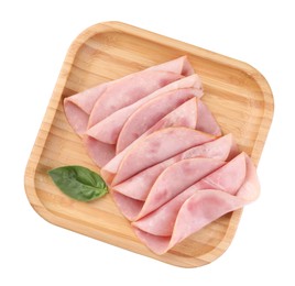 Slices of tasty ham and basil isolated on white, top view