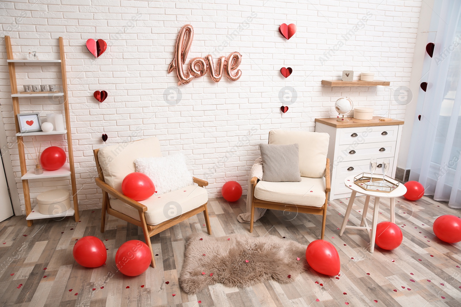 Photo of Cozy living room decorated for Valentine Day. Interior design