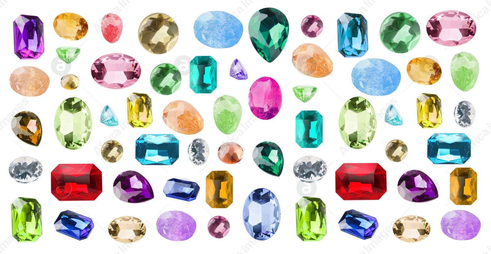 Image of Set of different shiny gemstones for jeweler isolated on white