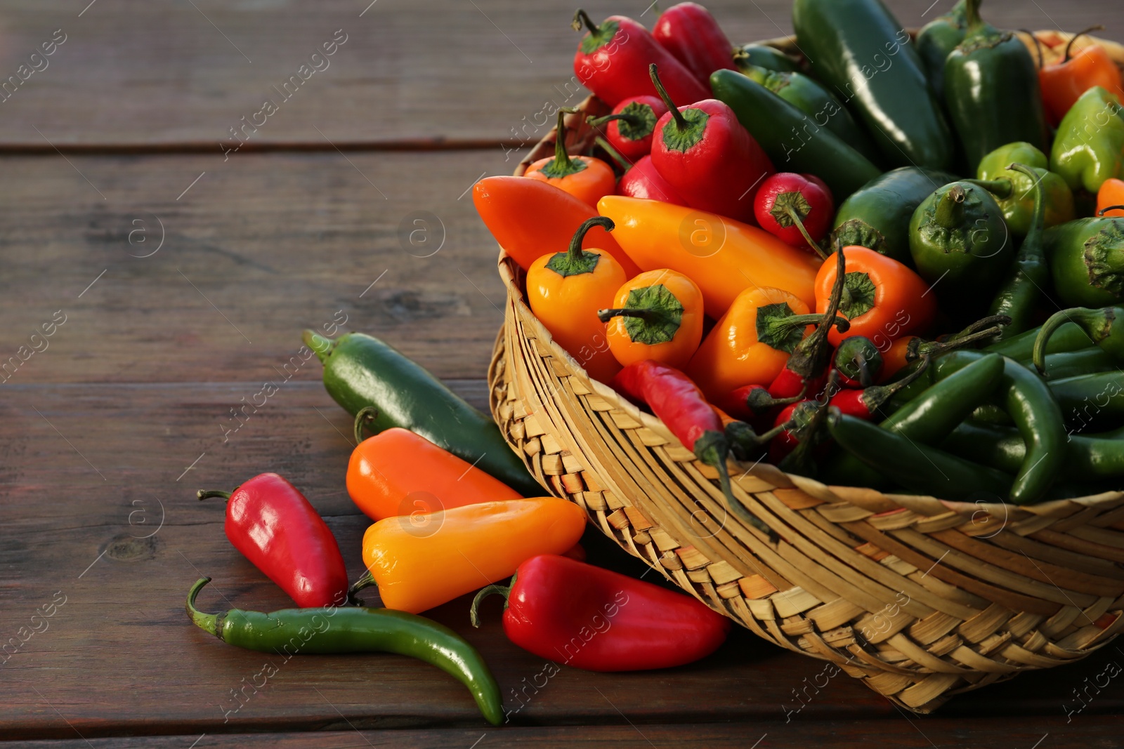 Photo of Many different fresh chilli peppers on wooden table, space for text