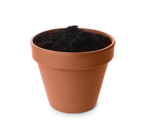 Photo of Stylish terracotta flower pot with soil isolated on white