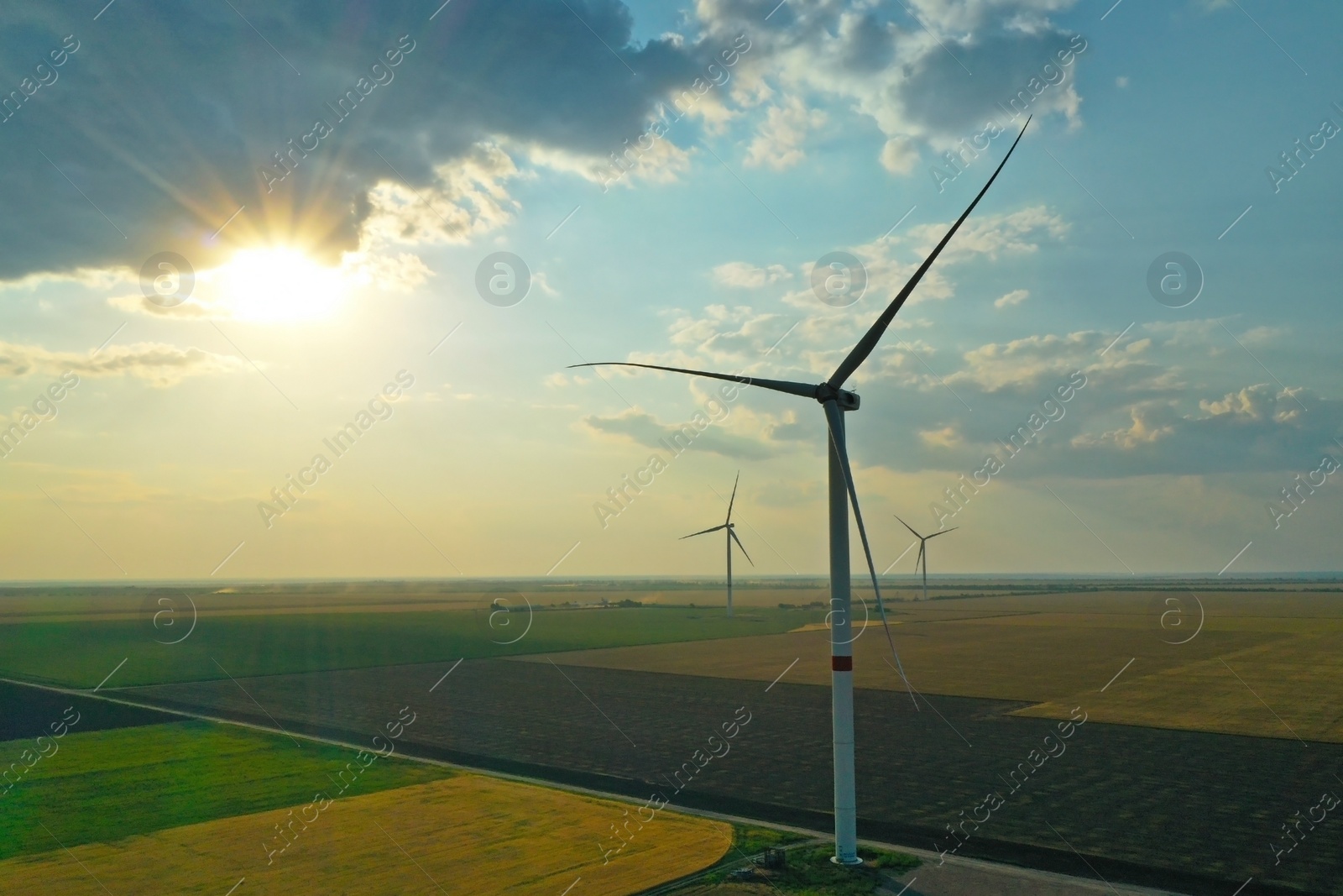 Image of Aerial view on modern wind turbines. Alternative energy source