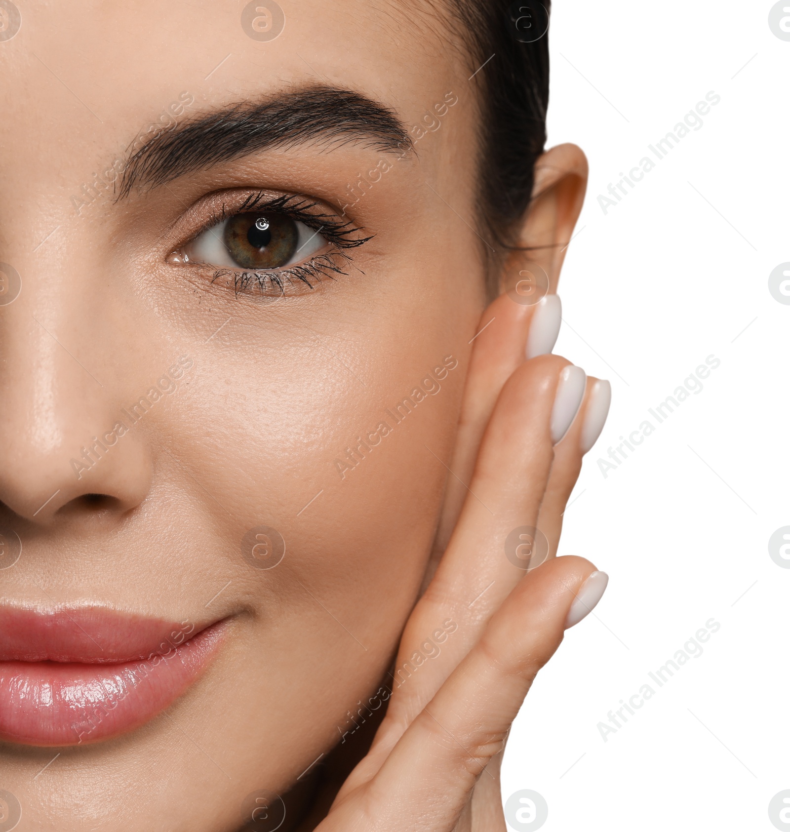 Photo of Beautiful woman with healthy skin on white background, closeup