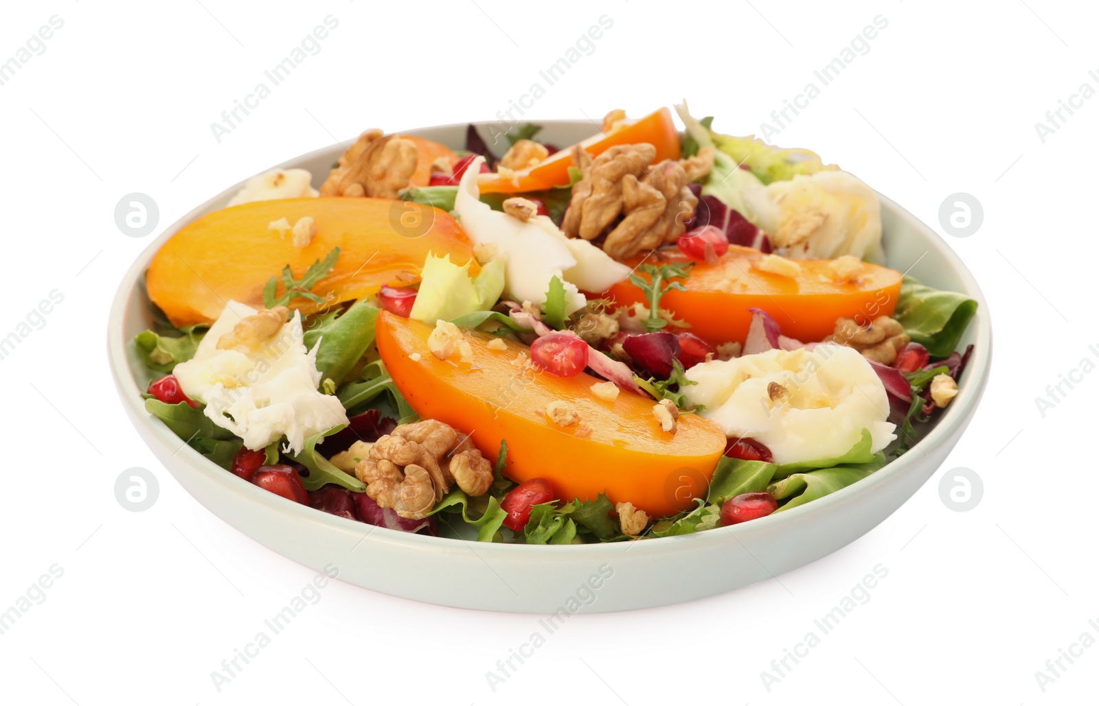 Photo of Plate with delicious persimmon salad on white background