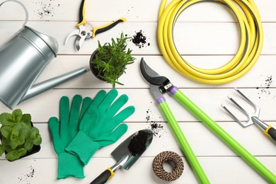 Flat lay composition with gardening tools and green plants on white wooden background