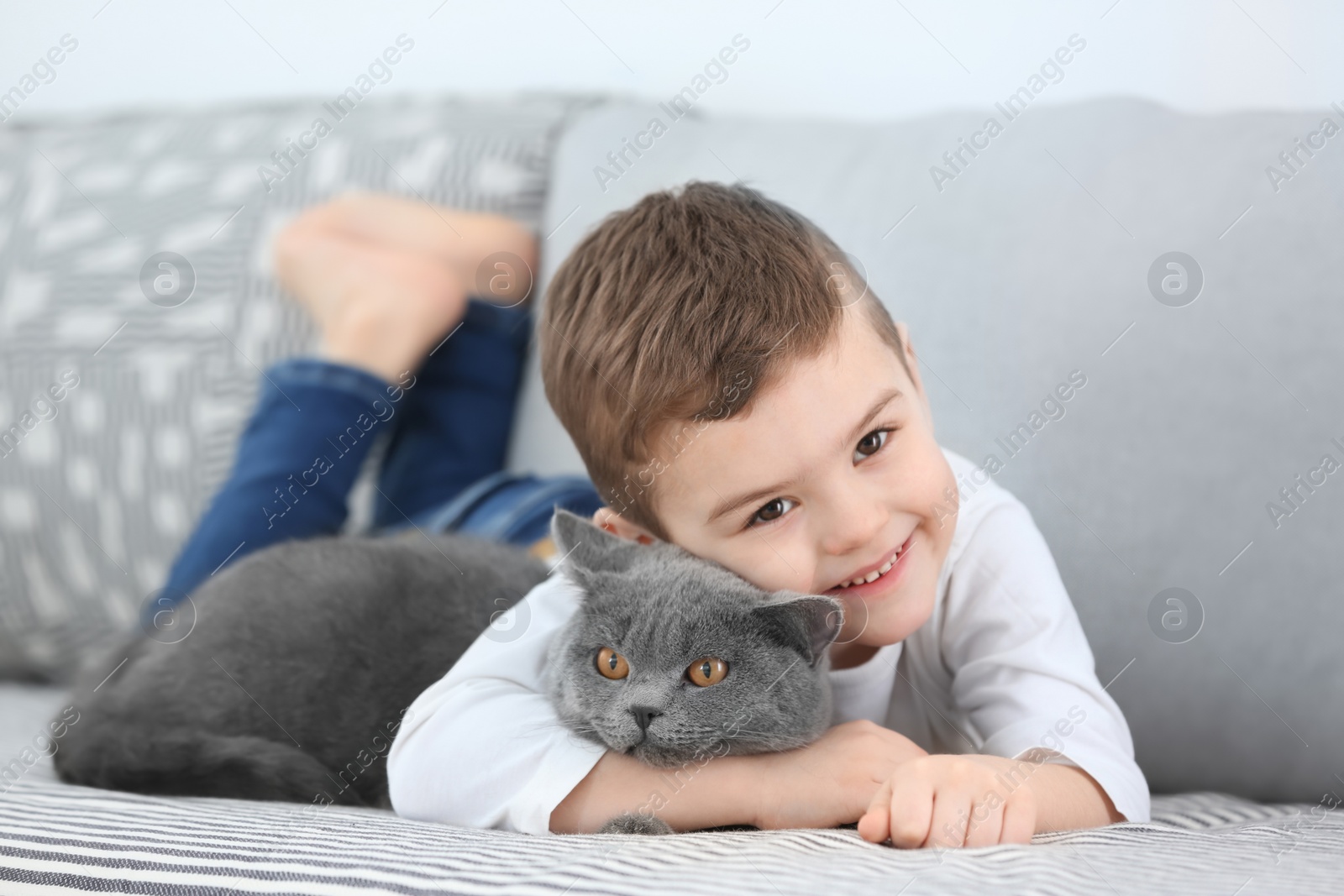 Photo of Cute little child with cat at home