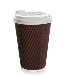 Photo of Takeaway paper coffee cup with lid on white background