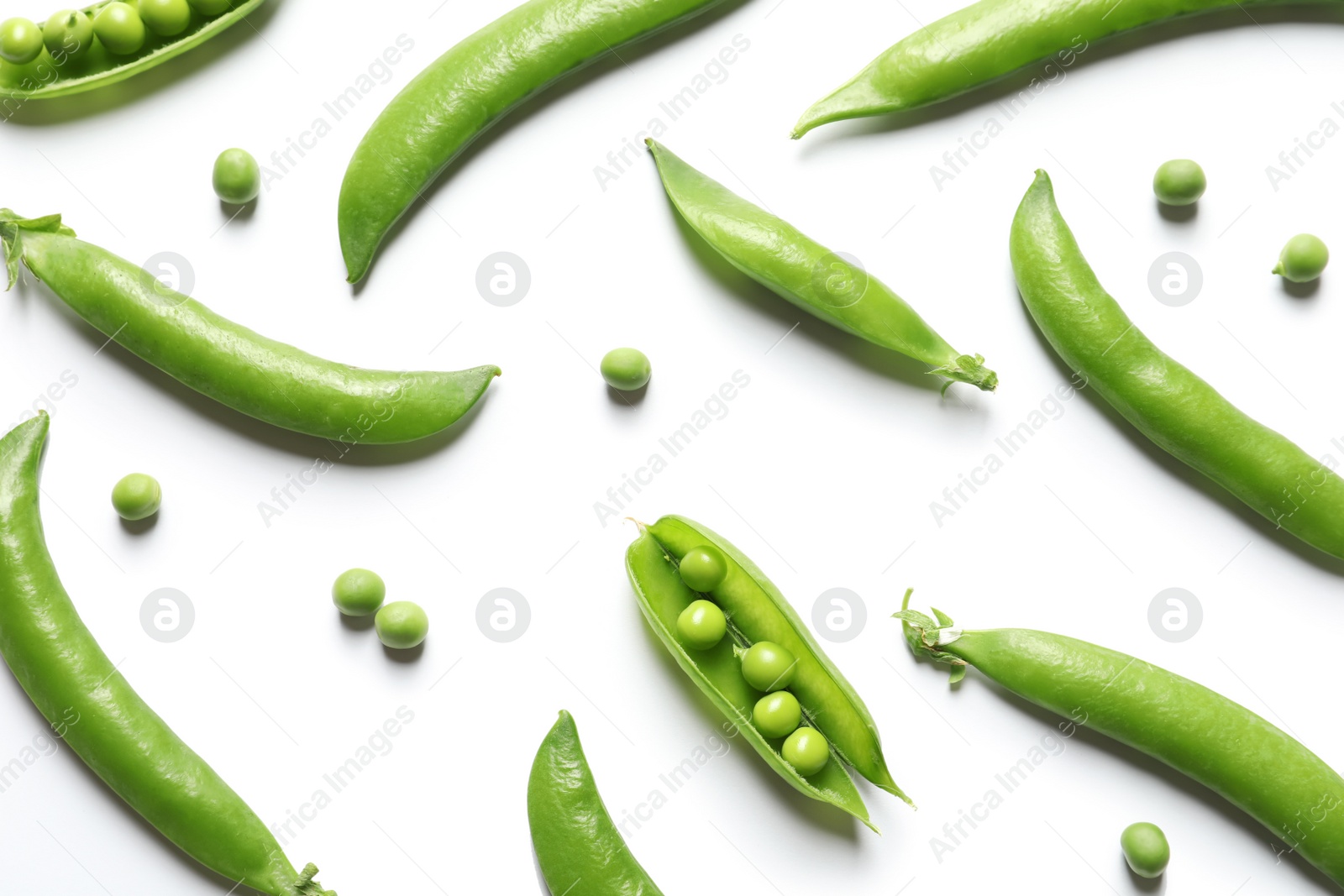 Photo of Flat lay composition with fresh peas on white background