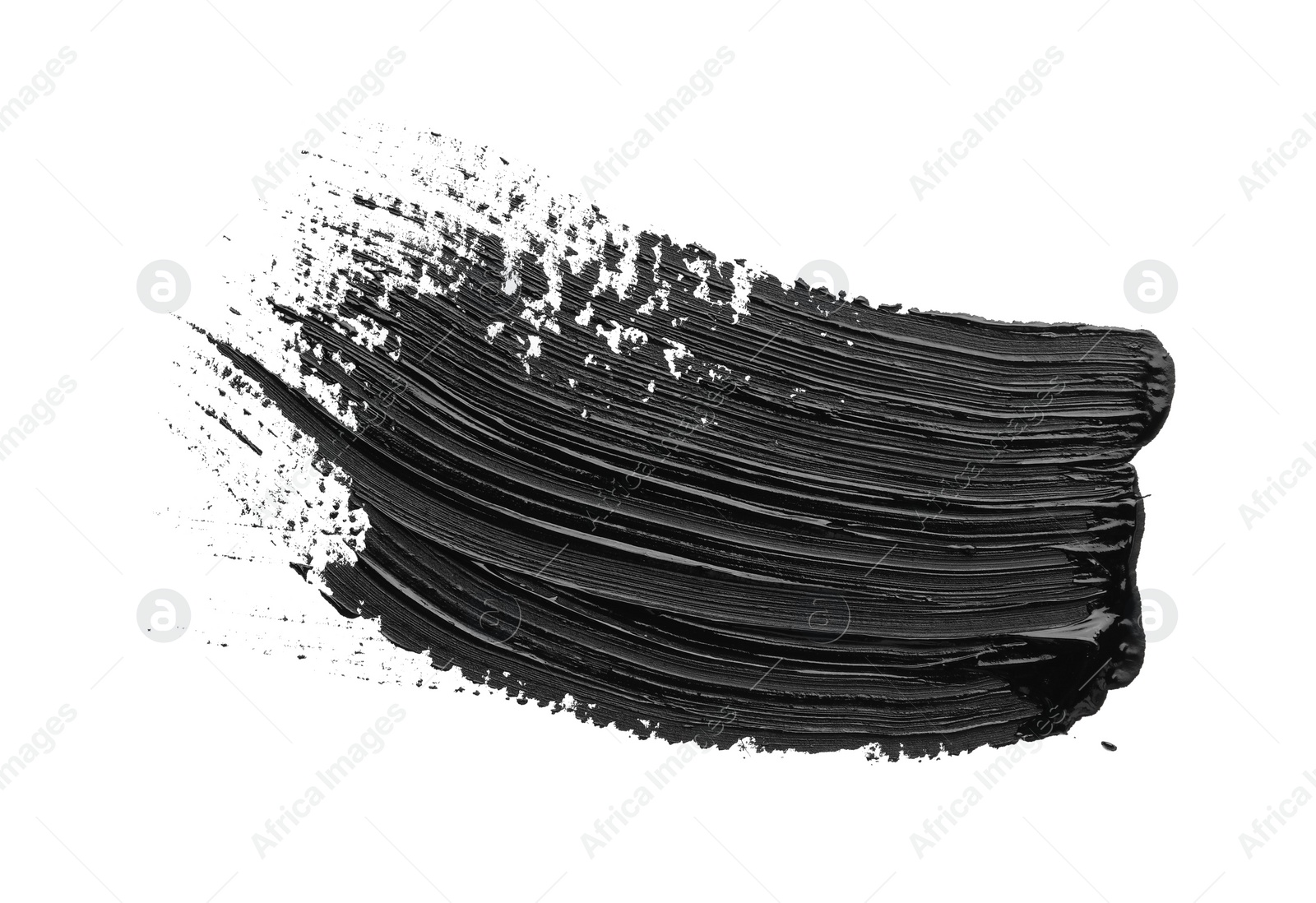 Photo of Brushstrokes of black oil paint on white background, top view