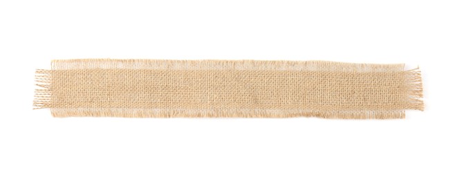 Piece of burlap fabric isolated on white, top view