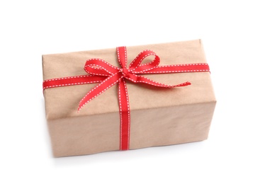 Photo of Beautifully wrapped gift box on white background