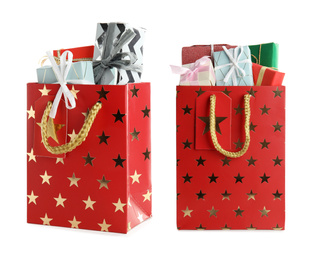 Image of Bright paper shopping bags with gifts on white background