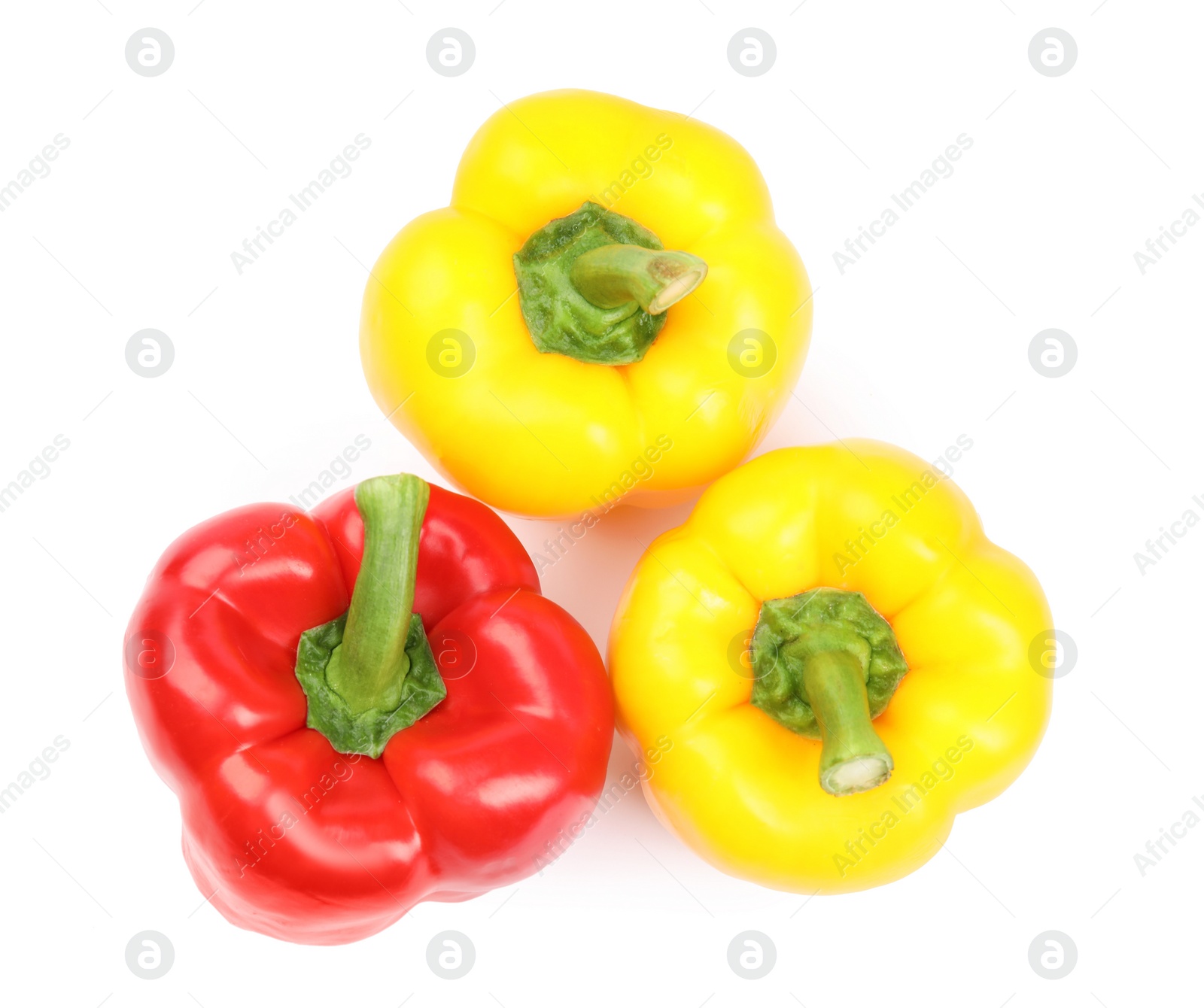 Photo of Fresh ripe bell peppers on white background, top view