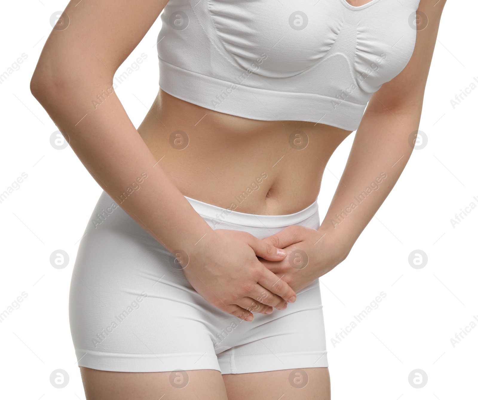 Photo of Woman suffering from cystitis on white background, closeup