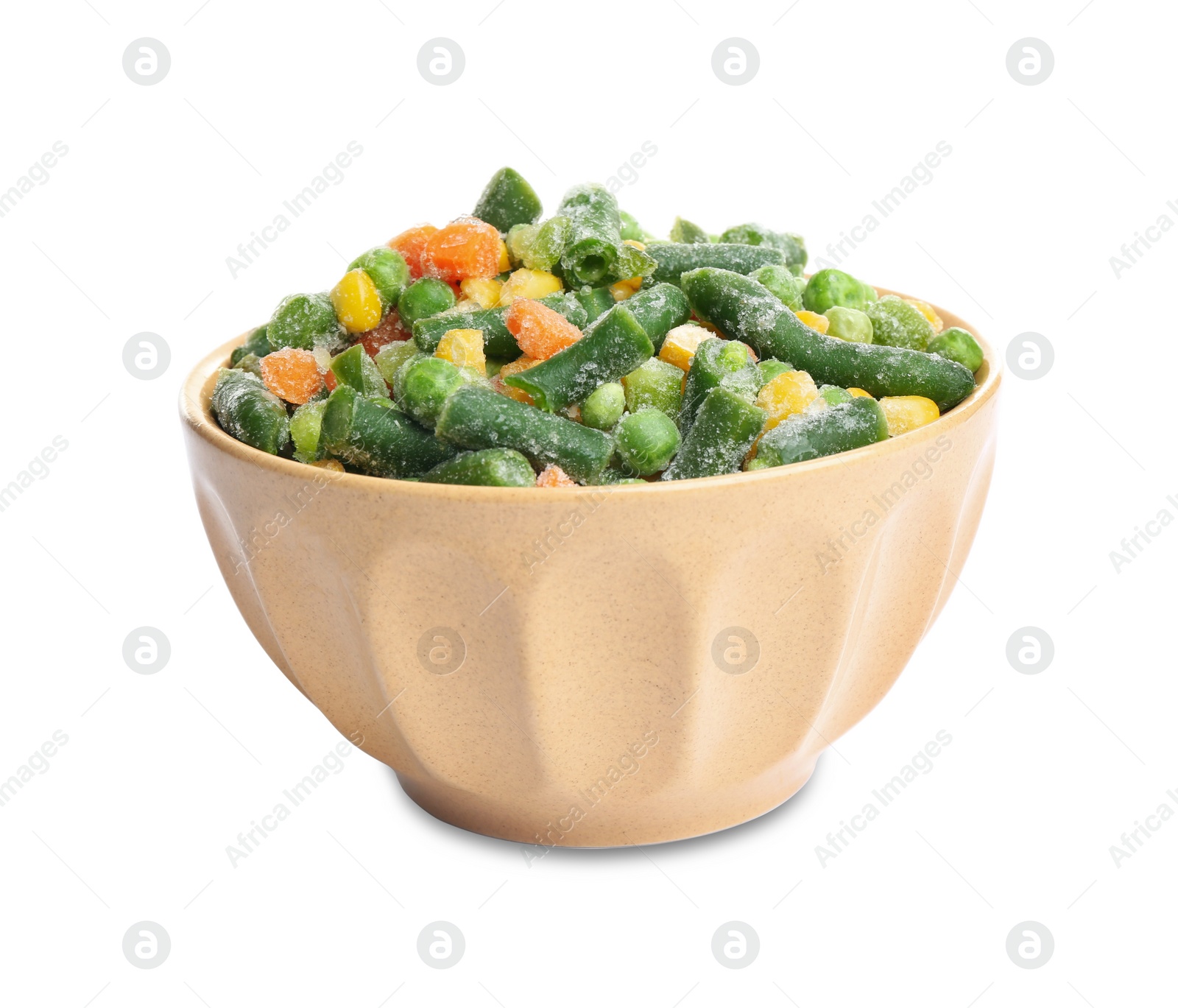 Photo of Frozen vegetables in bowl isolated on white