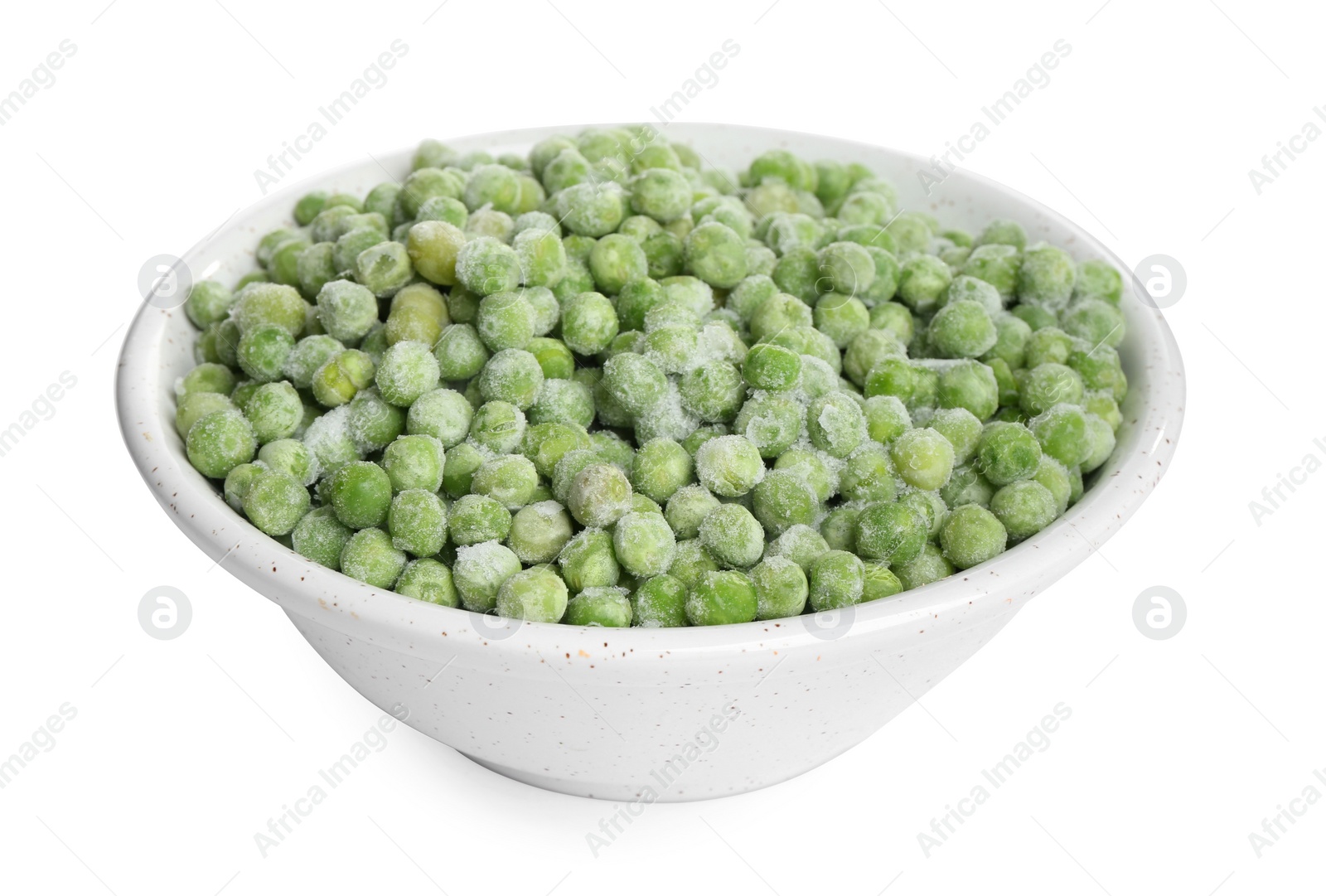 Photo of Frozen peas in bowl isolated on white. Vegetable preservation