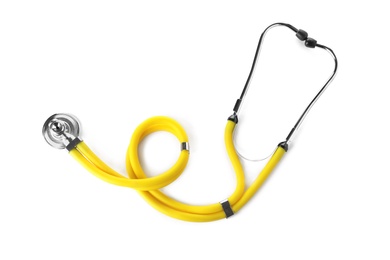 Photo of Stethoscope on white background, top view. Medical device