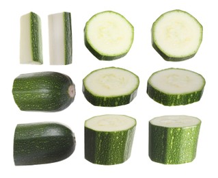 Image of Set with pieces of fresh ripe zucchini on white background